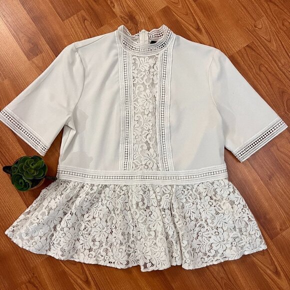 Zara Woman Lace & Crochet Peplum Blouse Ivory White Cropped Shirt Sz M Medium - Picture 2 of 10